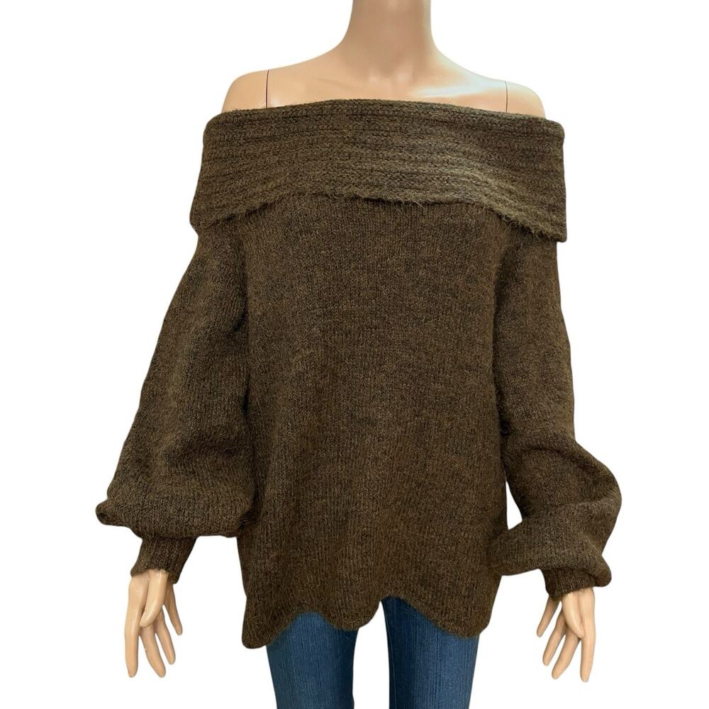 Na-Kd Off The Shoulder Tunic Sweater Large Balloon Sleeve Dark Brown Loose Fit